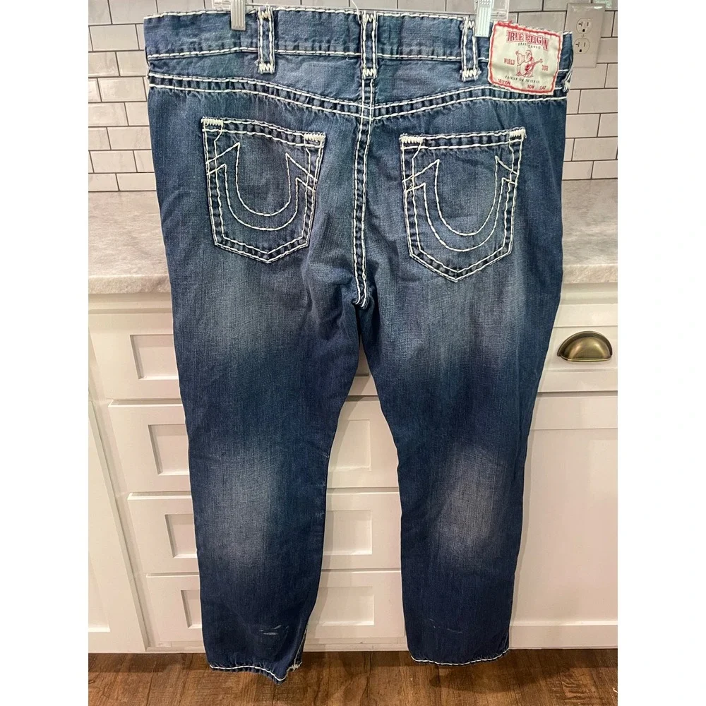 True Religion Jeans Mens 44 Blue Ricky Relaxed Straight Super T Stitching